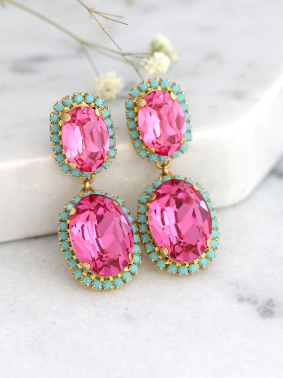 Pink Chandeliers, Pink Turquoise Earrings, Mint Pink Earrings .