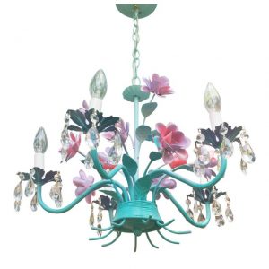 Vintage Turquoise and Pink Tole Chandelier With Teardrop Crystal .