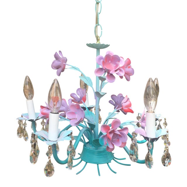 Vintage Turquoise and Pink Tole Chandelier With Teardrop Crystal .