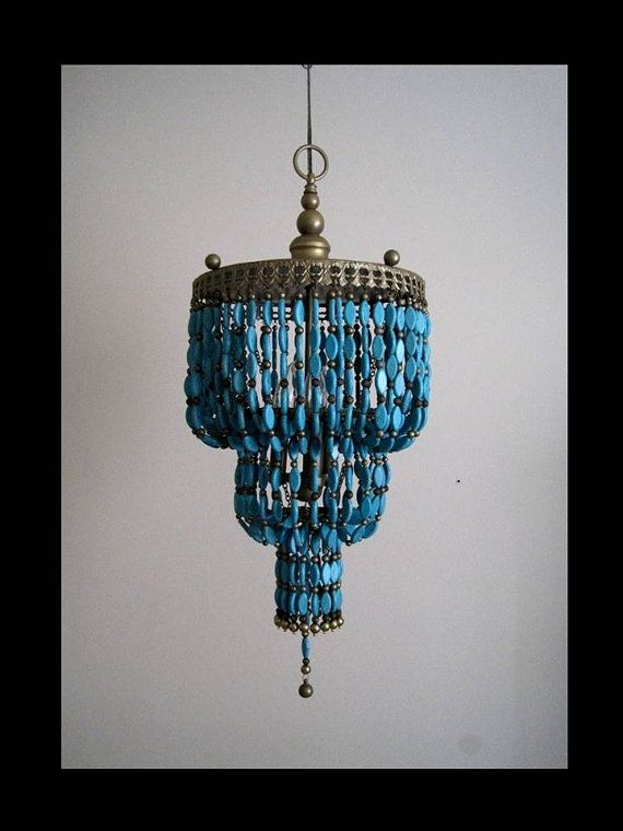 large 3-tier true turquoise beaded chandelier for a Boho chic .