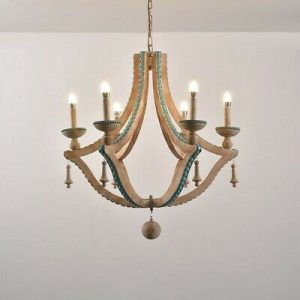 Farmhouse 6-Light Wooden Chandelier Candelabra with Turquoise Bead .