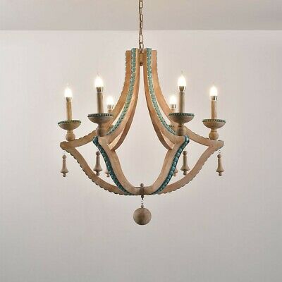 Farmhouse 6-Light Wooden Chandelier Candelabra with Turquoise Bead .