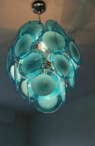 MURANO VISTOSI 24 glass disc turquoise blue chandelier retro 1970 .