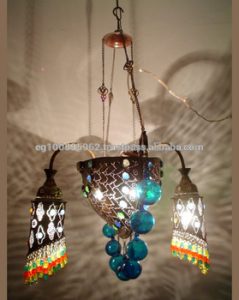 Br171 Beaded/turquoise Blue Glass Art Pendant Shade Chandelier .