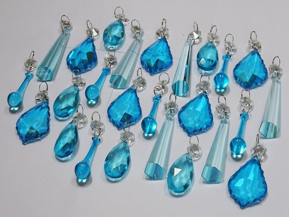 25 Teal Aqua Turquoise Chandelier Drops Glass Crystals Droplets .