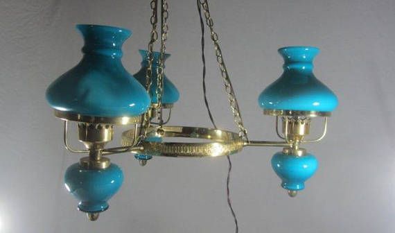 French chandelier, 3 stem turquoise glass chandelier, 3 arm .