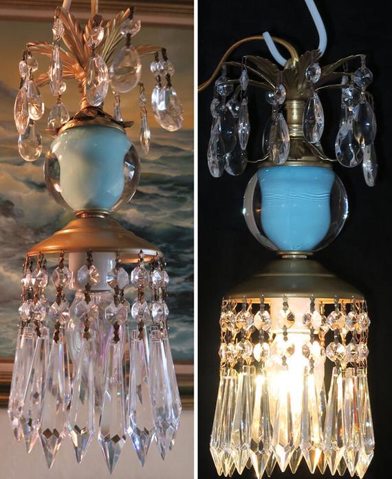 Vintage Turquoise aqua blue glass globe tole Brass lamp lantern .