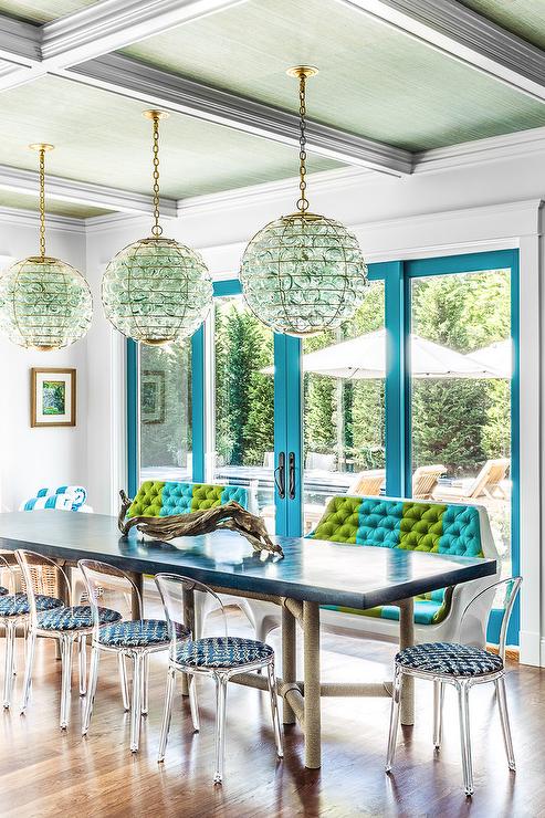 Blue Glass Orb Chandelier with Rope Dining Table - Cottage .