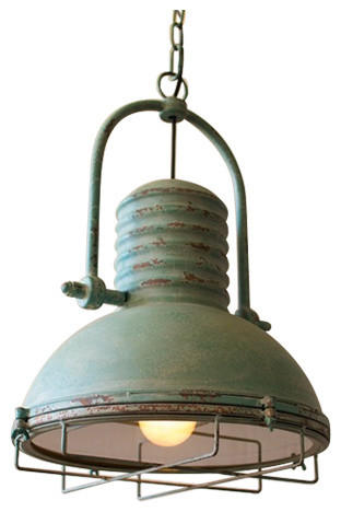 Antique-Style Pendant Light With Glass and Wire Cage, Turquoise .