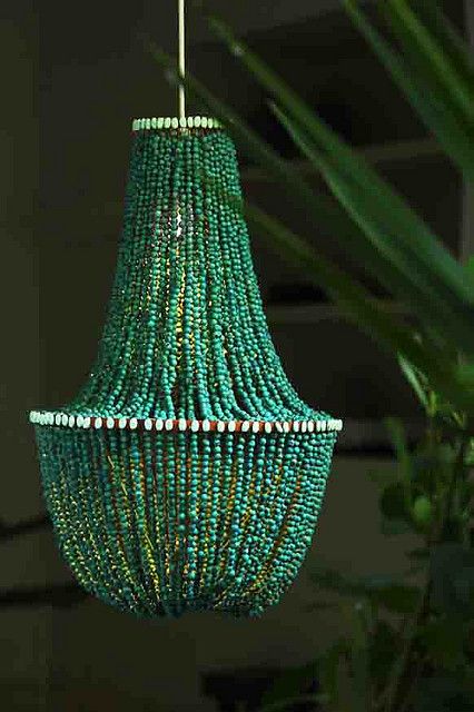 diy chandelier: beads, 3 hoops, and a light fixture. | Green .