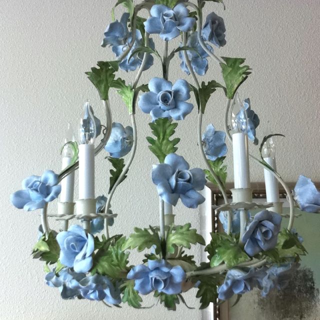 Vintage Italian tole chandelier hand painted with blue flowers .