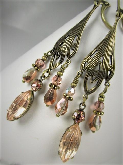 Vintage Style Antique Brass and Blush Rose Gold Crystal Chandelier .
