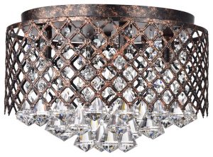 4-Light Antique Copper Lattice Crystal Flush Mount Chandelier Glam .