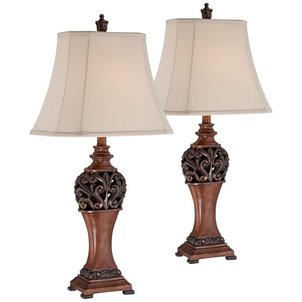 Regency Hill Traditional Table Lamps Set of 2 Bronze Wood Carved .